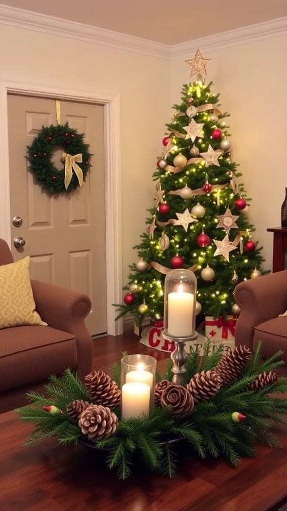A festive living room with a Christmas tree, DIY ornaments, and a wreath.